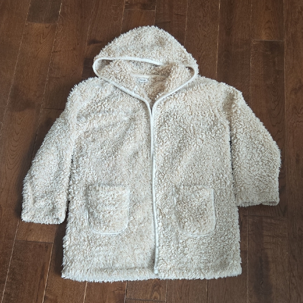 Kensie Hooded Sherpa Open Cardigan Coat Soft Cream Snuggly Jacket S/M Like New